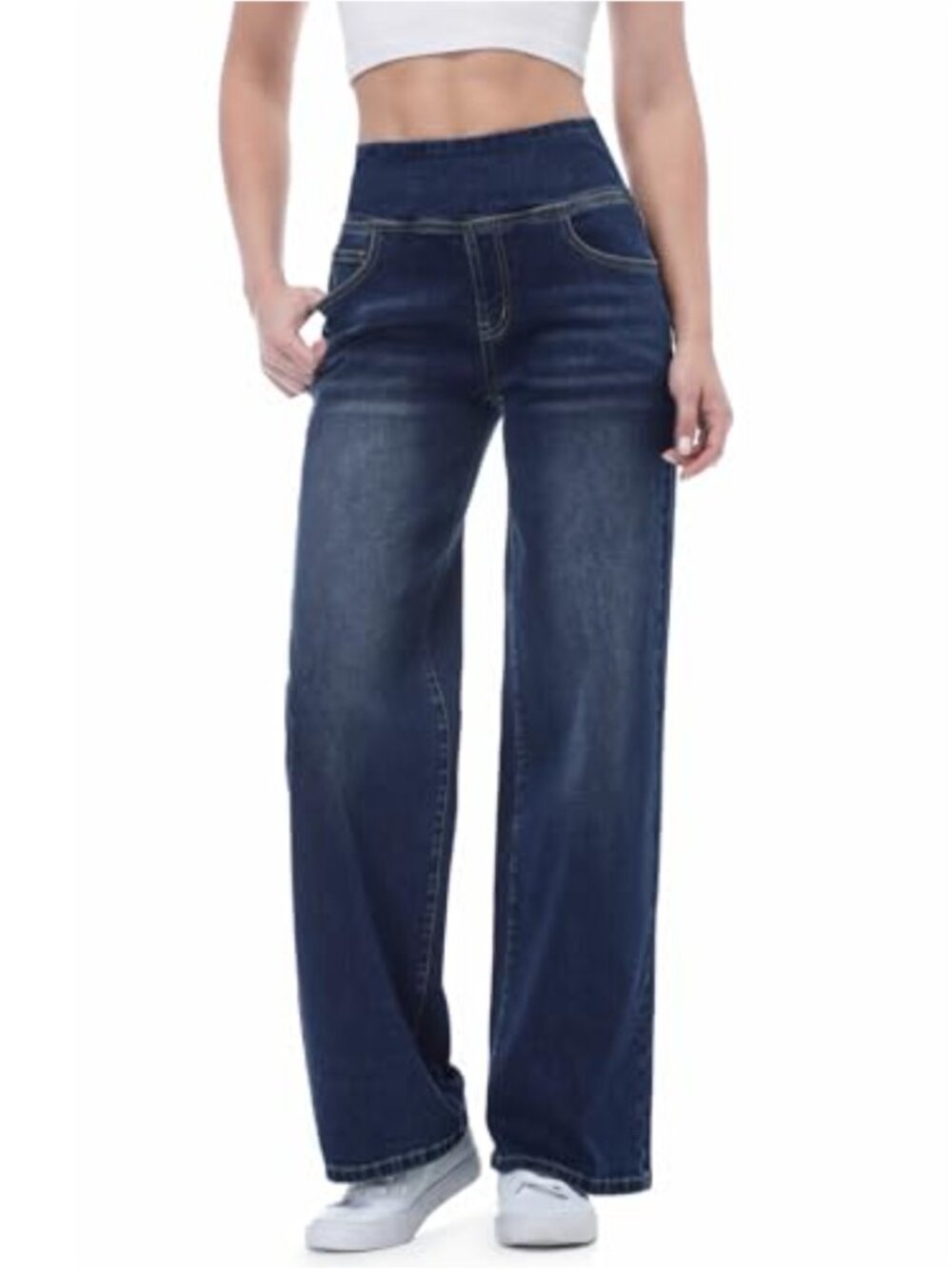Pull On Wide Leg Jeans High Waisted Stretchy Tummy Control Denim Pants